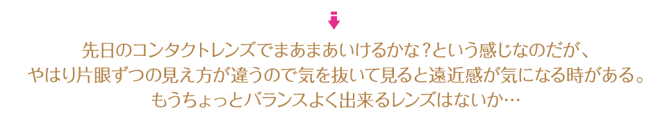 先日のコンタクトレンズでまあまあいけるかな?という感じなのだが、やはり片眼ずつの見え方が違うので気を抜いて見ると遠近感が気になる時がある。もうちょっとバランスよく出来るレンズはないか…