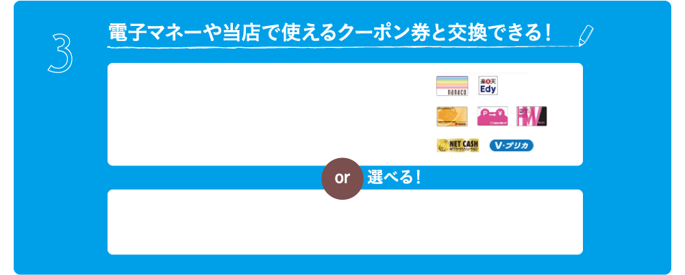 電子マネーや当店で使えるクーポン券と交換できる！